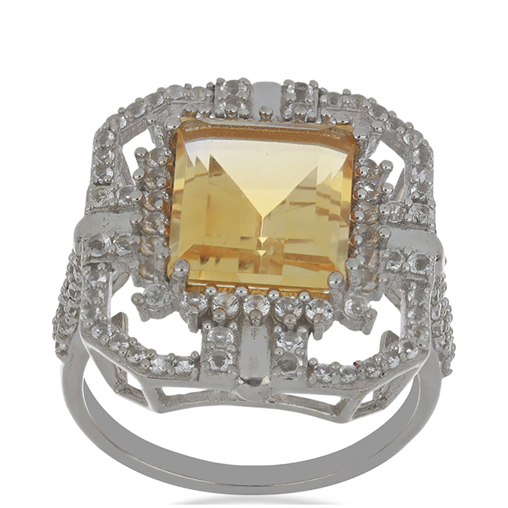 Anel de Prata com Citrino de Ural e Topázio Branco Contraste: Cabeca de Veado (800)