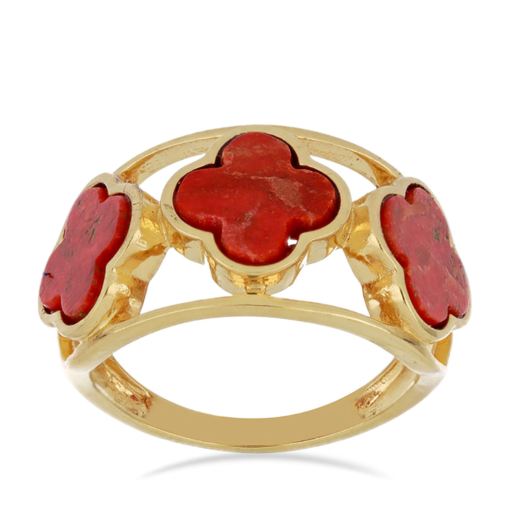 Anel de Prata com Banho de Ouro com Coral Esponja Vermelha Contraste: Cabeca de Veado (800)