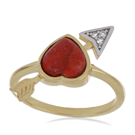 Anel de Prata com Banho de Ouro com Coral Esponja Vermelha e Topázio Branco