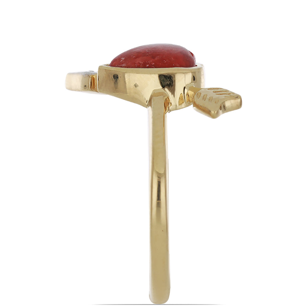 Anel de Prata com Banho de Ouro com Coral Esponja Vermelha e Topázio Branco