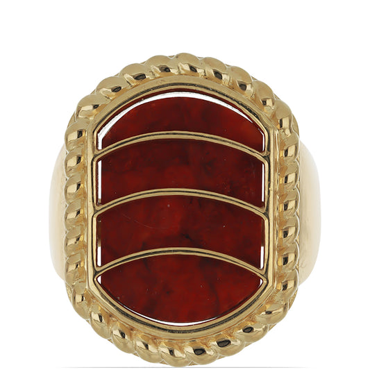 Anel de Prata com Banho de Ouro com Coral Esponja Vermelha Contraste: Cabeca de Veado (800)