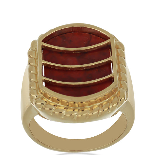 Anel de Prata com Banho de Ouro com Coral Esponja Vermelha Contraste: Cabeca de Veado (800)