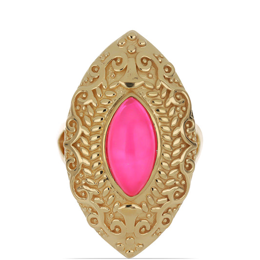 Anel de Prata com Banho de Ouro com Opala Rosa de Lega Dembi da Etiópia Contraste: Cabeca de Veado (800)