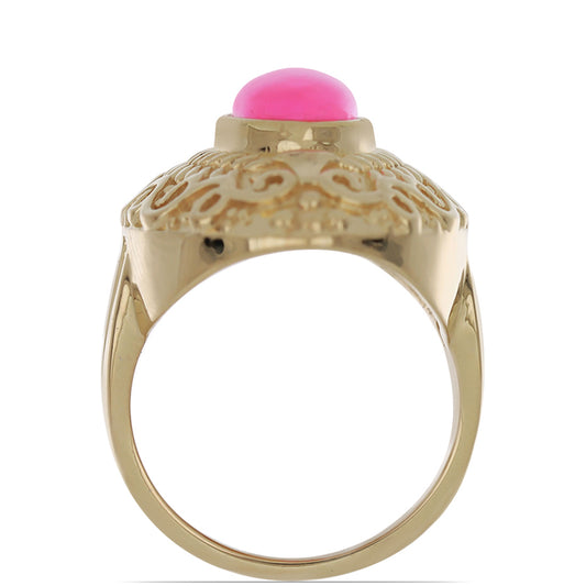 Anel de Prata com Banho de Ouro com Opala Rosa de Lega Dembi da Etiópia Contraste: Cabeca de Veado (800)