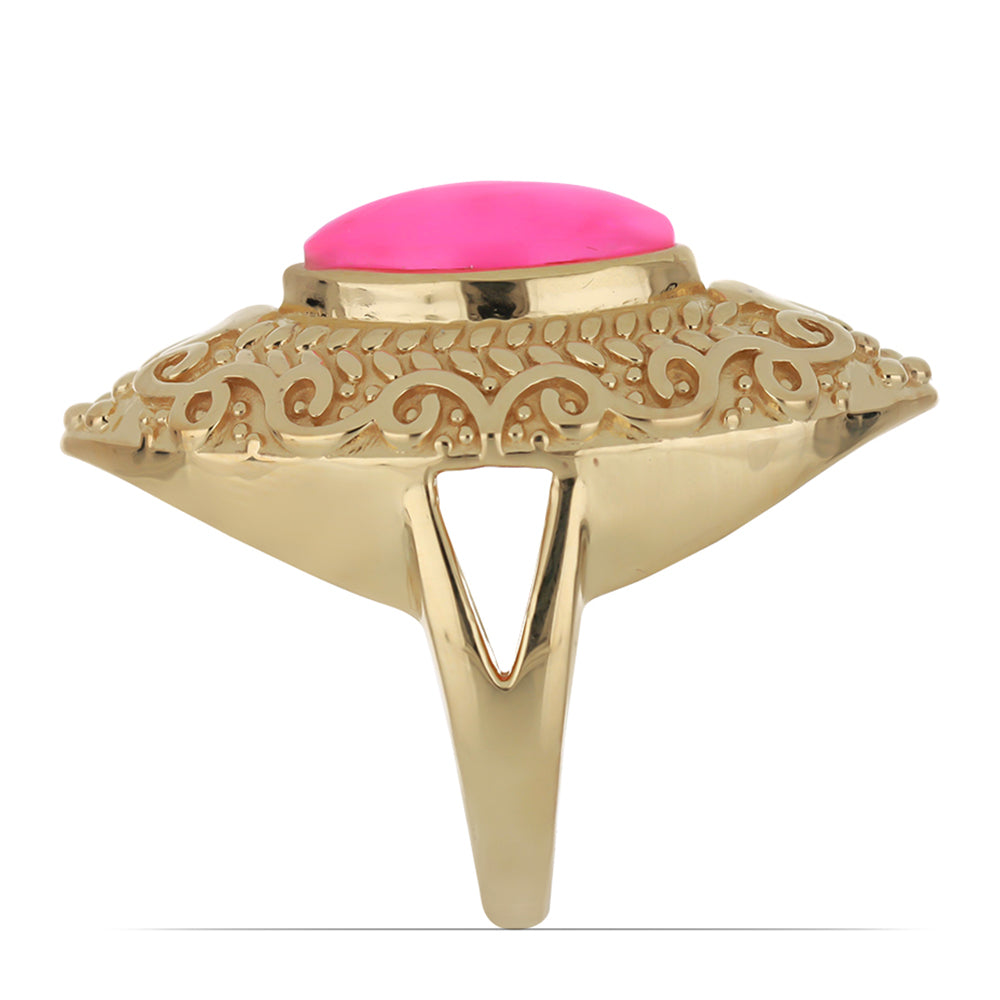 Anel de Prata com Banho de Ouro com Opala Rosa de Lega Dembi da Etiópia Contraste: Cabeca de Veado (800)