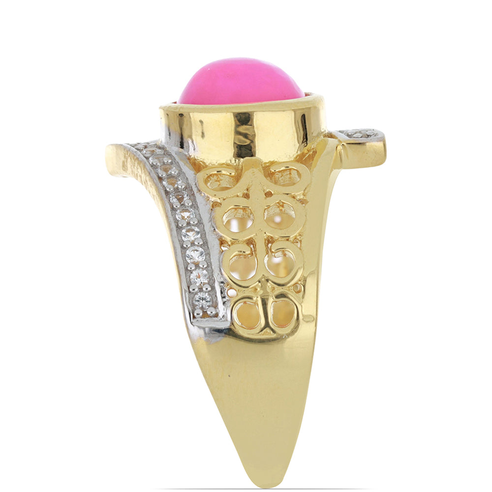 Anel de Prata com Banho de Ouro com Opala Rosa de Lega Dembi da Etiópia e Topázio Branco Contraste: Cabeca de Veado (800)