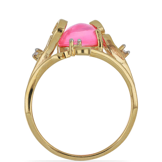 Anel de Prata com Banho de Ouro com Opala Rosa de Lega Dembi da Etiópia e Topázio Branco Contraste: Cabeca de Veado (800)