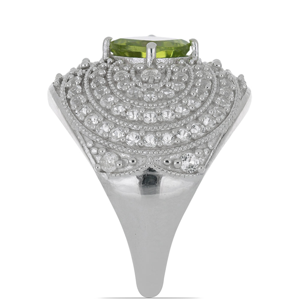 Anel de Prata com Peridoto de Changbai e Topázio Branco Contraste: Cabeca de Veado (800)