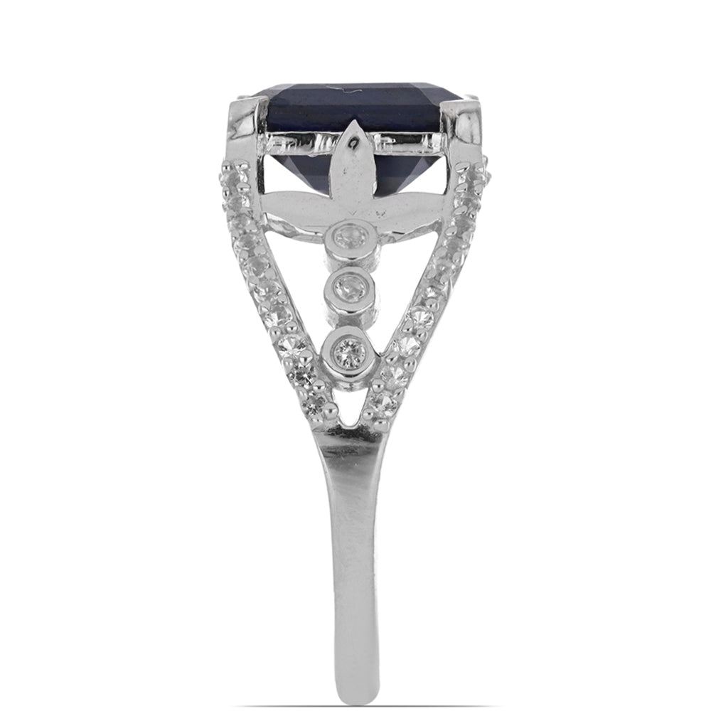 Anel de Prata com Safira Azul de Rosebery e Topázio Branco Contraste: Cabeca de Veado (800)