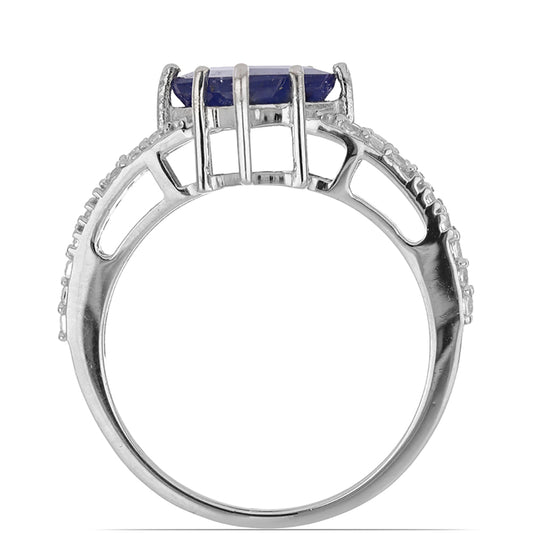 Anel de Prata com Safira Azul de Rosebery e Topázio Branco Contraste: Cabeca de Veado (800)