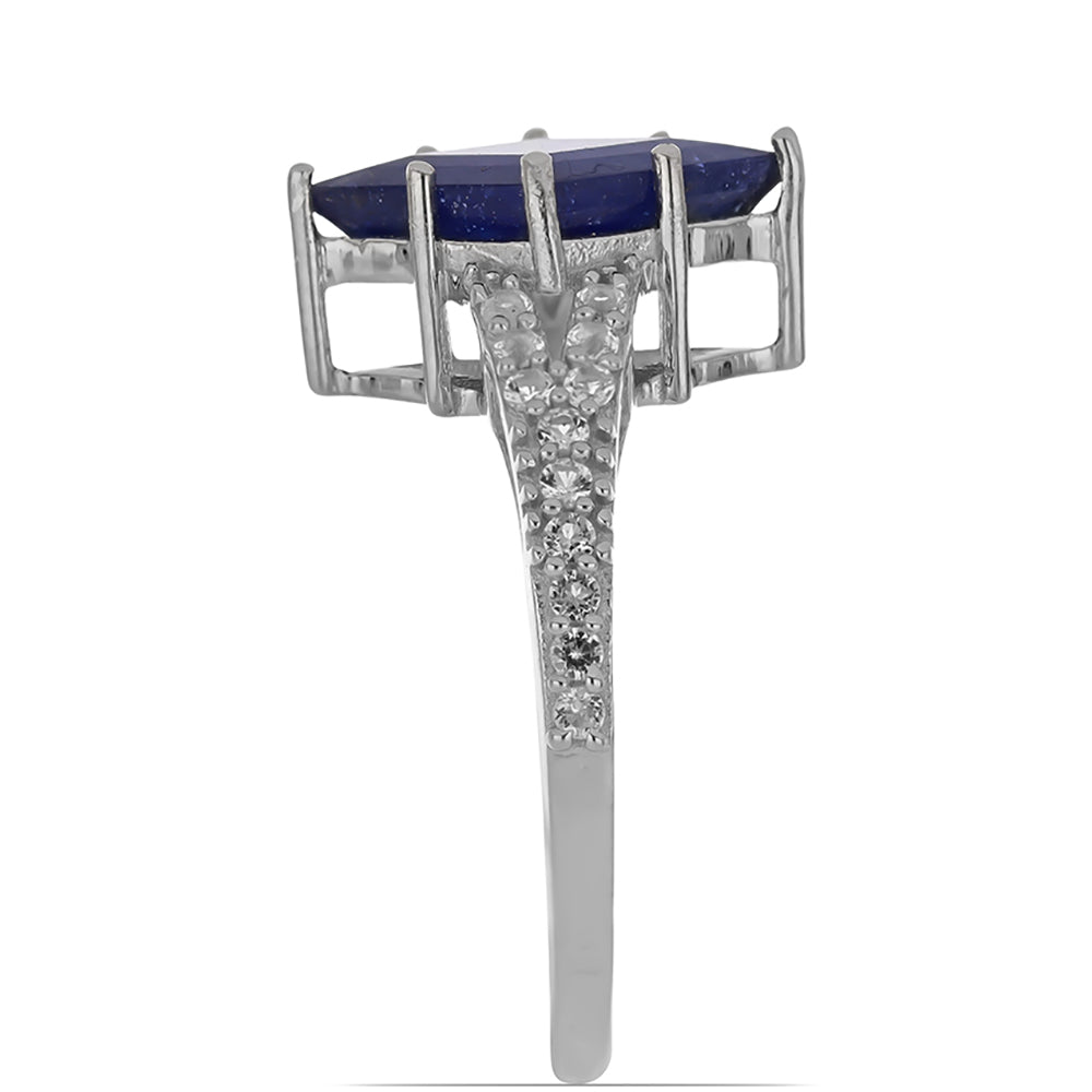 Anel de Prata com Safira Azul de Rosebery e Topázio Branco Contraste: Cabeca de Veado (800)