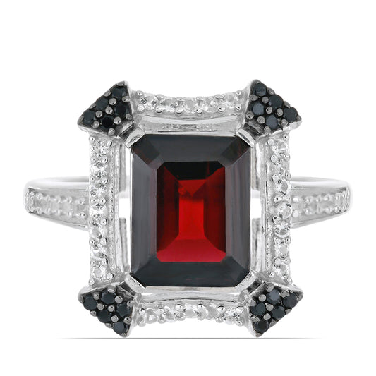 Anel de Prata com Granada Rhodolite das Minas Moatize e Topázio Branco Contraste: Cabeca de Veado (800)