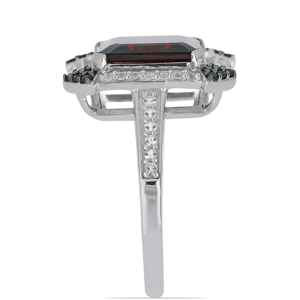 Anel de Prata com Granada Rhodolite das Minas Moatize e Topázio Branco Contraste: Cabeca de Veado (800)