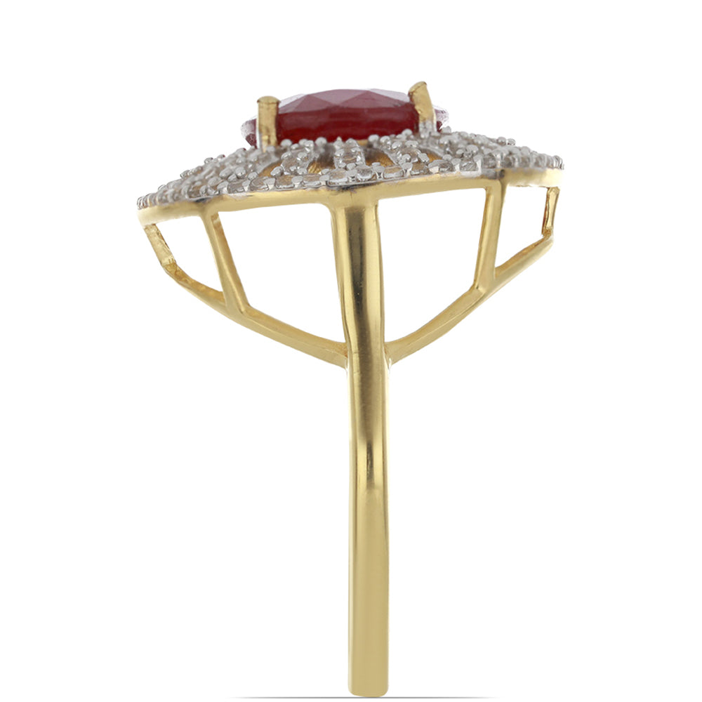 Anel de Prata com Banho de Ouro com Rubi de Madagáscar e Topázio Branco Contraste: Cabeca de Veado (800)