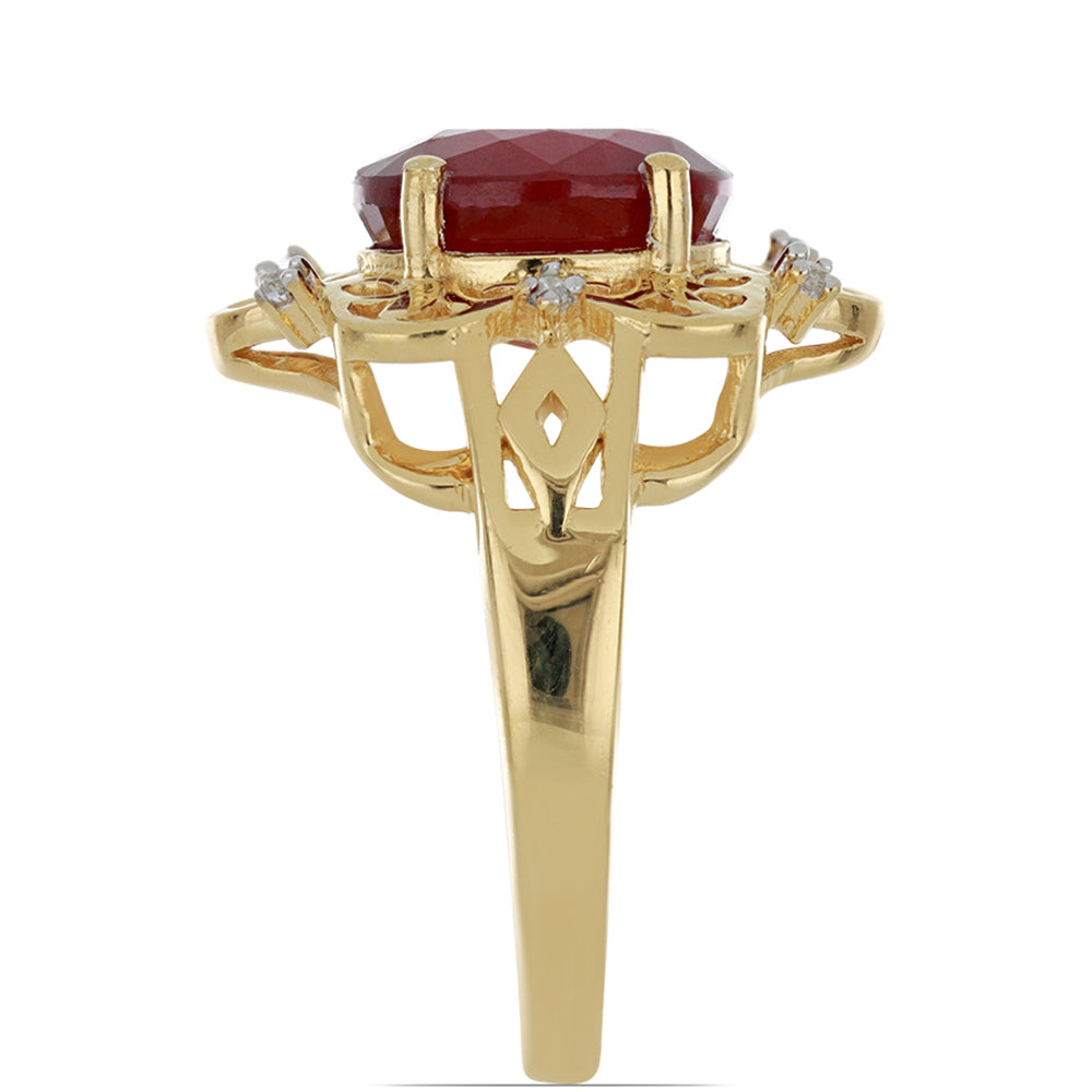 Anel de Prata com Banho de Ouro com Rubi de Madagáscar e Topázio Branco Contraste: Cabeca de Veado (800)