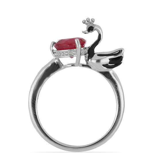 Anel de Prata com Rubi de Madagáscar e Diamante Branco Contraste: Cabeca de Veado (800)