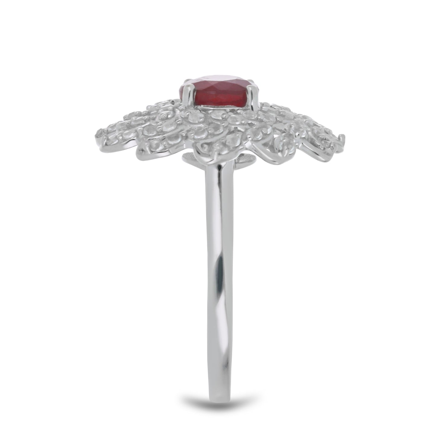 Anel de Prata com Rubi de Madagáscar e Topázio Branco Contraste: Cabeca de Veado (800)