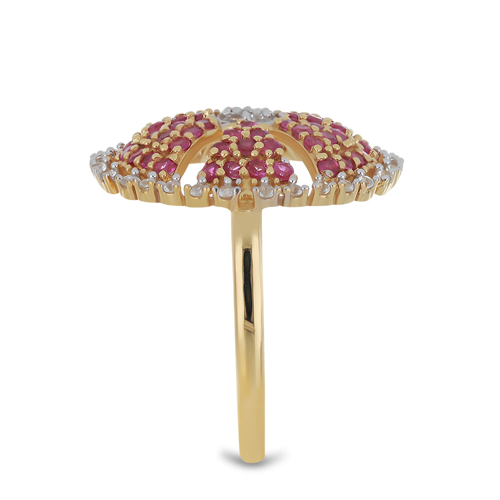 Anel de Prata com Banho de Ouro com Rubi de Madagáscar e Topázio Branco Contraste: Cabeca de Veado (800)