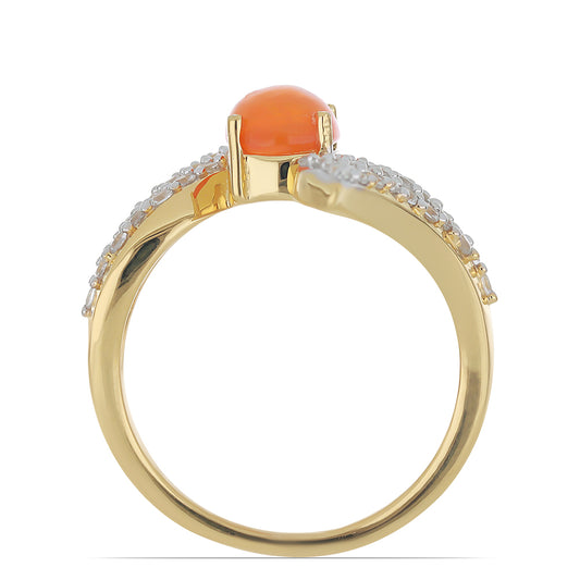 Anel de Prata com Banho de Ouro com Opala Laranja de Lega Dembi e Topázio Branco Contraste: Cabeca de Veado (800)