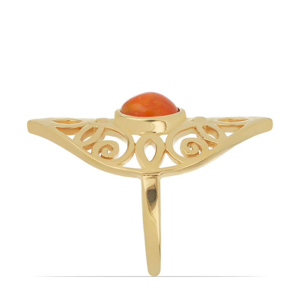 Anel de Prata com Banho de Ouro com Opala Laranja de Lega Dembi Contraste: Cabeca de Veado (800)