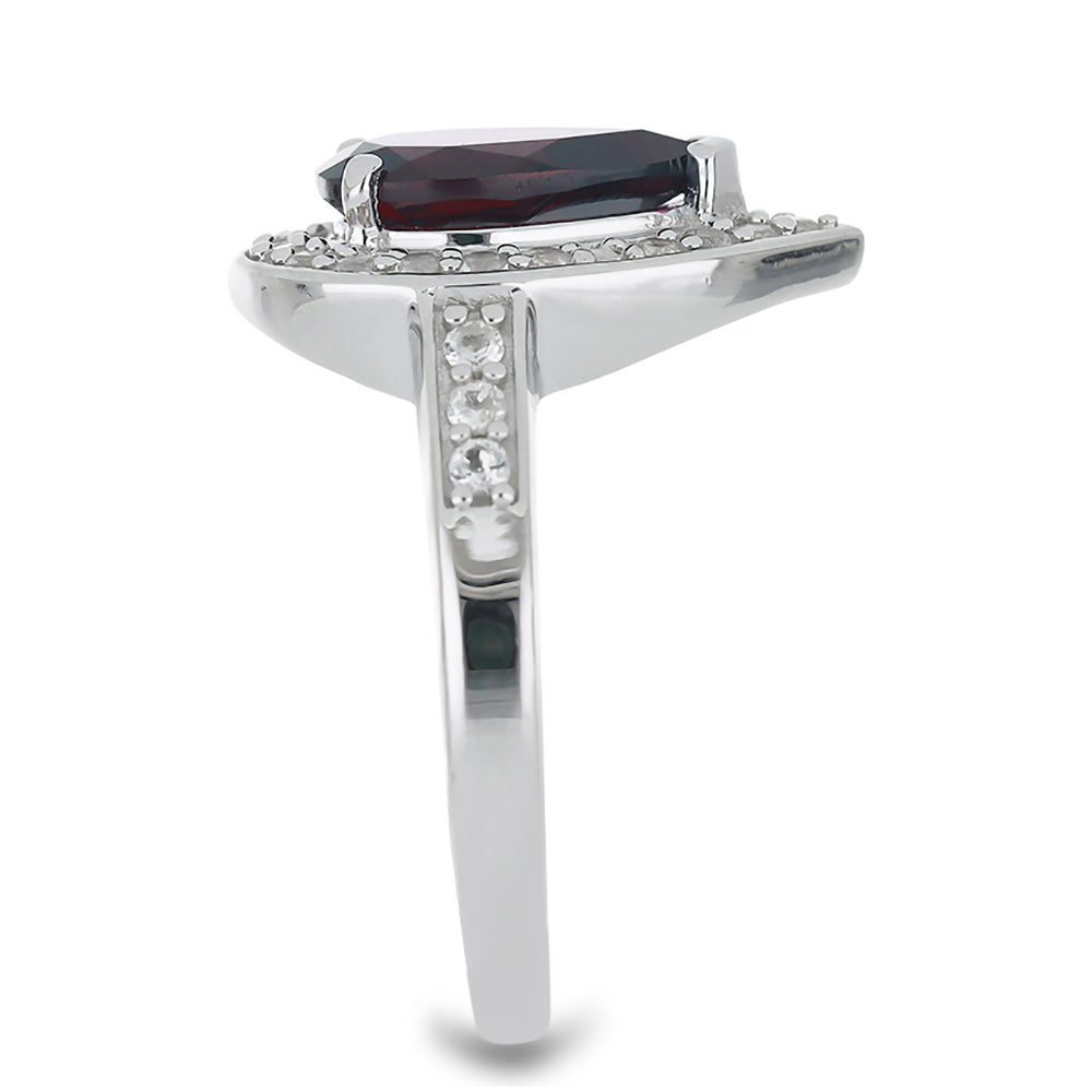 Anel de Prata com Granada Rhodolite das Minas Moatize e Topázio Branco Contraste: Cabeca de Veado (800)