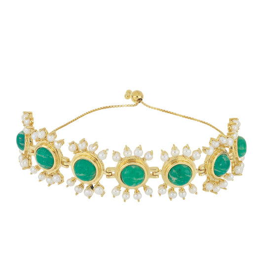 Pulseira de Prata com Banho de Ouro com Amazonita e Pérola Branca de Água Doce Contraste: Cabeca de Veado (800)