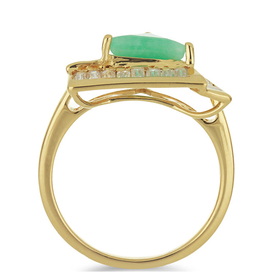 Anel de Prata com Banho de Ouro com Esmeralda do Brasil e Zircão Branco Contraste: Cabeca de Veado (800)