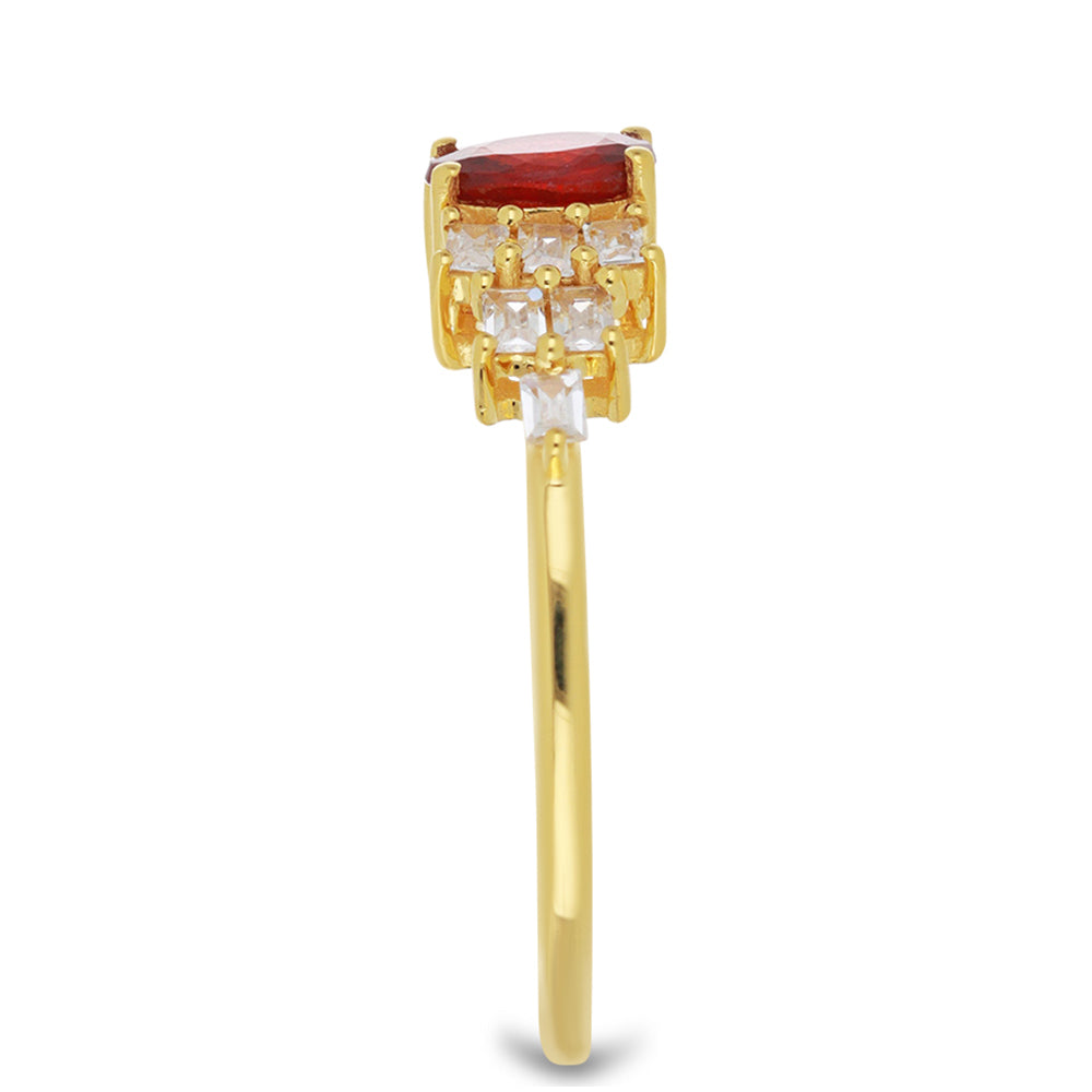 Anel de Ouro com Safira Vermelha de Rosebery e Zircão Branco Contraste: Cruz missionária