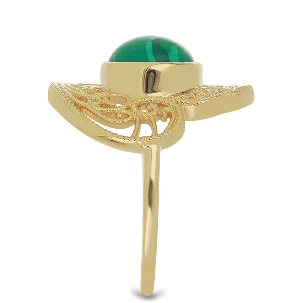 Anel de Prata com Banho de Ouro com Malaquita Contraste: Cabeca de Veado (800)