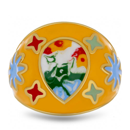 Anel de Prata com Banho de Ouro com Esmalte Contraste: Cabeca de Veado (800)