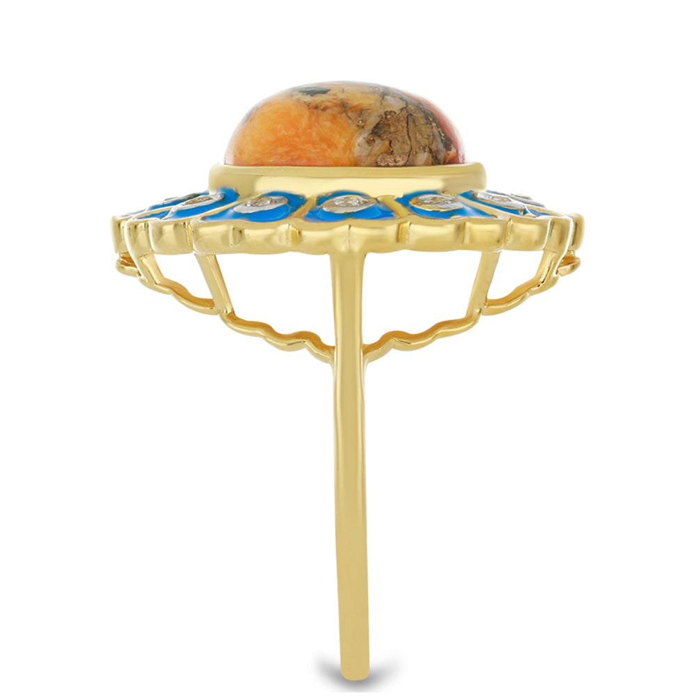 Anel de Prata com Banho de Ouro com Ostra Turquesa e Topázio Branco Contraste: Cabeca de Veado (800)