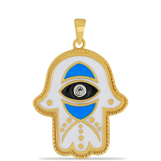 Pendente de Prata com Banho de Ouro com Esmalte e Topázio Branco Contraste: Cabeca de Veado (800)