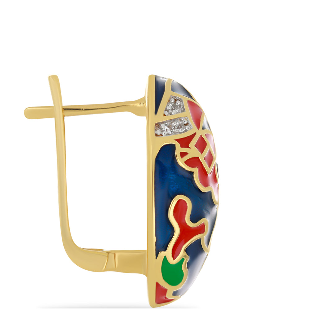 Brincos de Prata com Banho de Ouro com Esmalte e Topázio Branco Contraste: Cabeca de Veado (800)