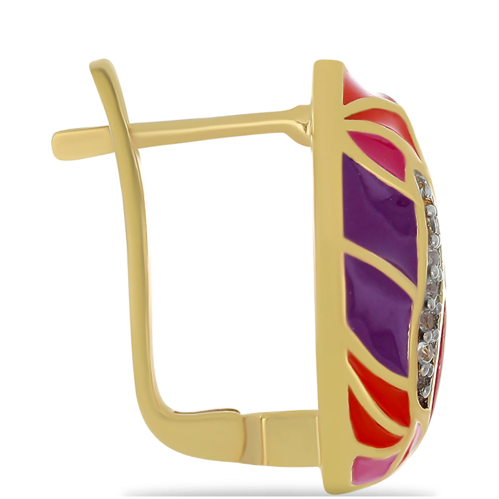 Brincos de Prata com Banho de Ouro com Esmalte e Topázio Branco Contraste: Cabeca de Veado (800)