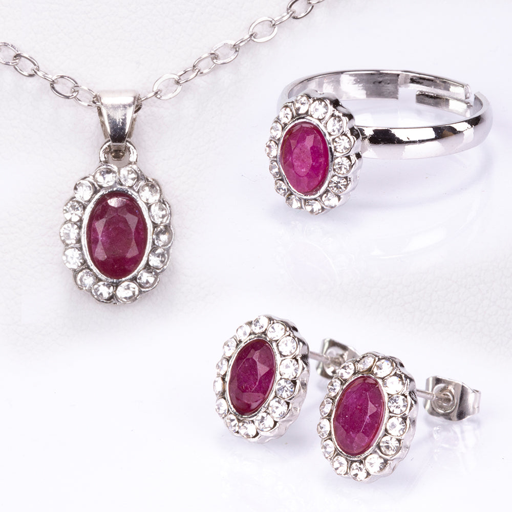 Conjunto de Liga de Ouro com Rubi e Cristal Emporia® Branco ( Colar+Brincos+Anel+Pendente )