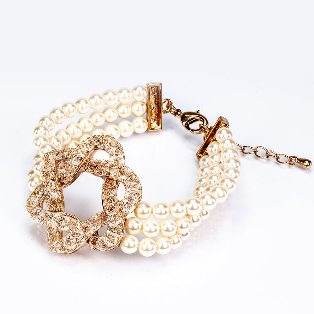 Conjunto de Liga de Ouro com Pérola de Vidro e Cristal Emporia® Branco ( Colar+Pulseira )