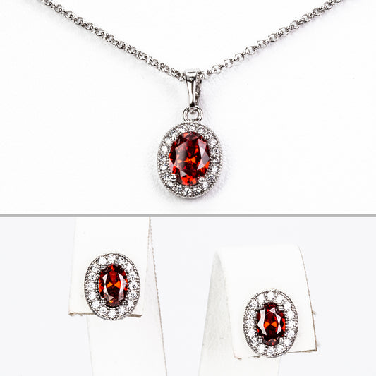 Conjunto de Liga de Ouro com Cristal Emporia® Vermelho e Cristal Emporia® Branco ( Colar+Brincos+Pendente )