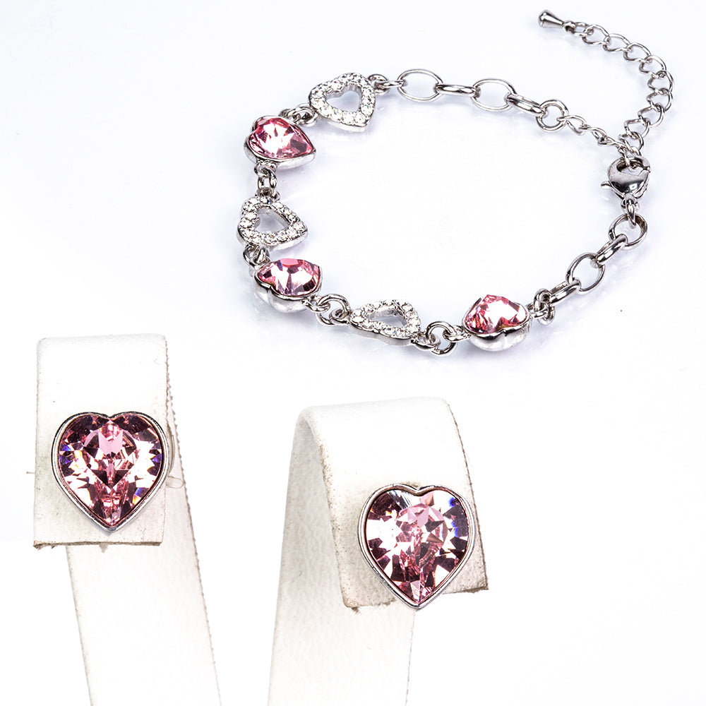 Conjunto de Liga de Ouro com Cristal Emporia® Branco e Cristal Emporia® Rosa ( Brincos+Pulseira ) 1 