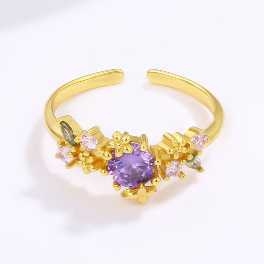 Anel de Liga de Ouro com Cristal Emporia® Roxo e Cristal Emporia® Rosa