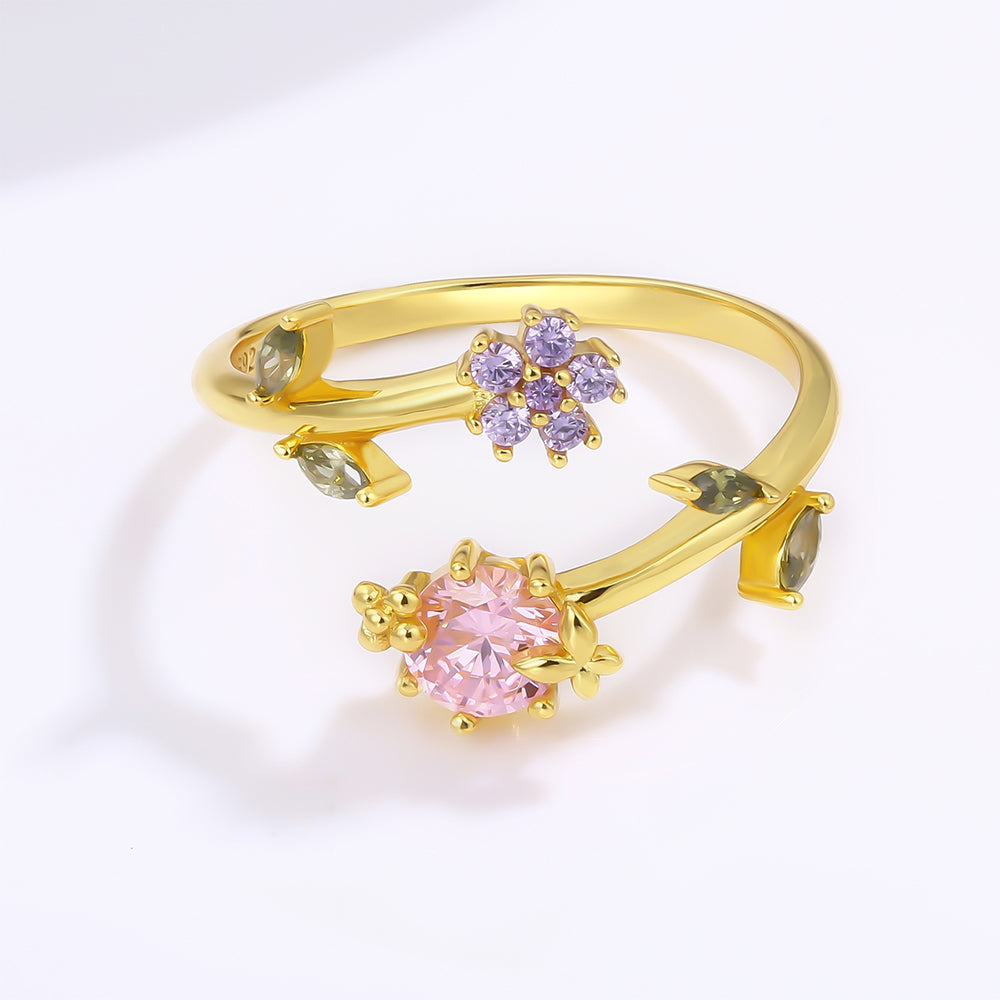 Anel de Liga de Ouro com Cristal Emporia® Rosa e Cristal Emporia® Roxo 1 