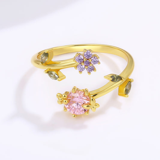 Anel de Liga de Ouro com Cristal Emporia® Rosa e Cristal Emporia® Roxo