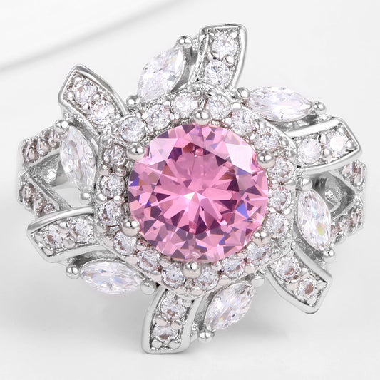 Anel de Liga de Ouro com Cristal Emporia® Rosa e Cristal Emporia® Branco