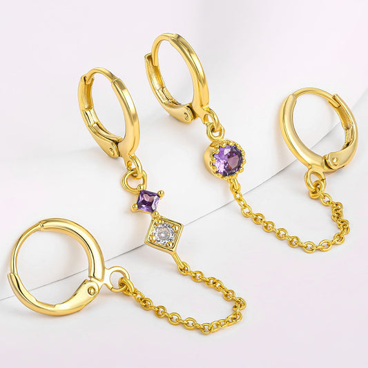 Brincos de Liga de Ouro com Cristal Emporia® Roxo e Cristal Emporia® Branco