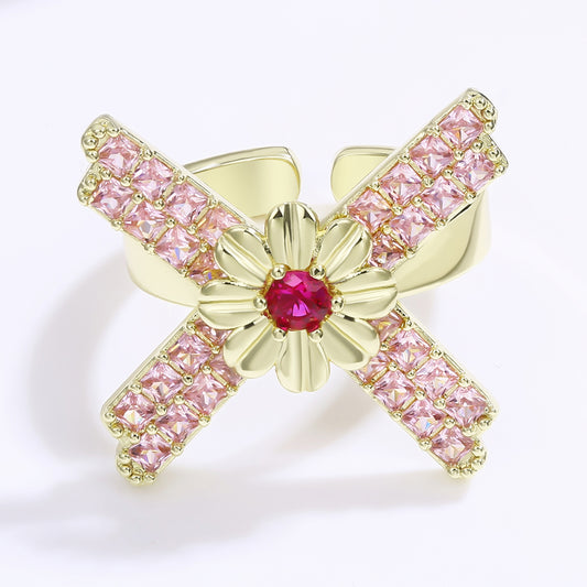 Anel de Liga de Ouro com Cristal Emporia® Vermelho e Cristal Emporia® Rosa