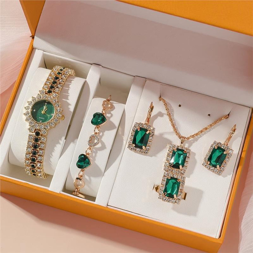 Conjunto de Liga de Ouro com Cristal Emporia® Verde e Cristal Emporia® Branco ( Colar+Brincos+Pulseira+Anel+Pendente ) 2 