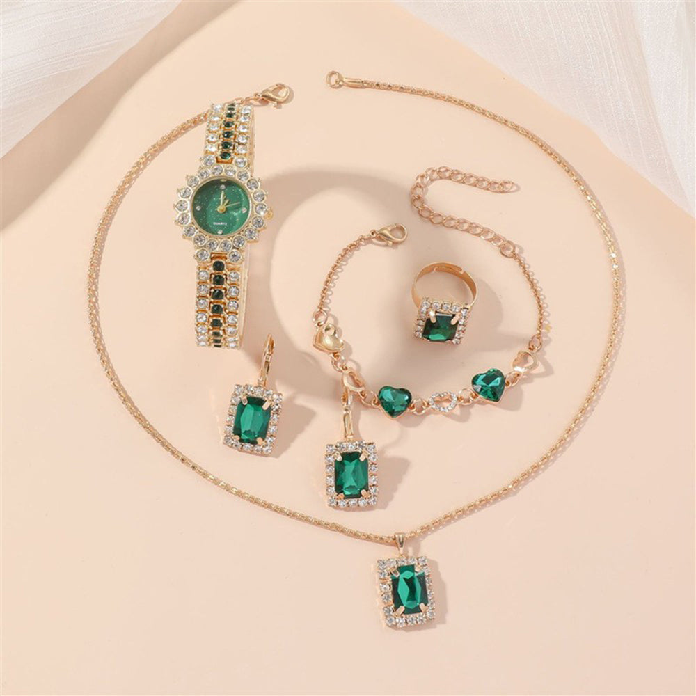 Conjunto de Liga de Ouro com Cristal Emporia® Verde e Cristal Emporia® Branco ( Colar+Brincos+Pulseira+Anel+Pendente ) 3 