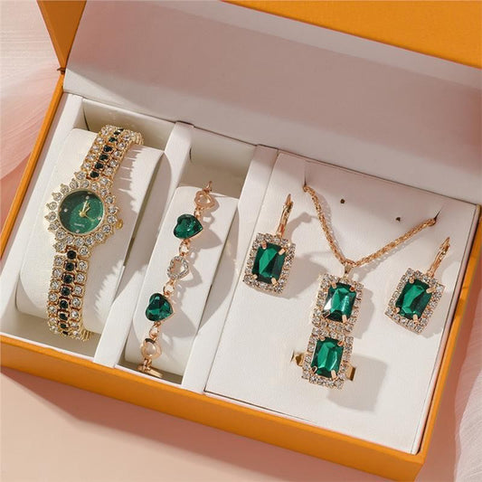 Conjunto de Liga de Ouro com Cristal Emporia® Verde e Cristal Emporia® Branco ( Colar+Brincos+Pulseira+Anel+Pendente )