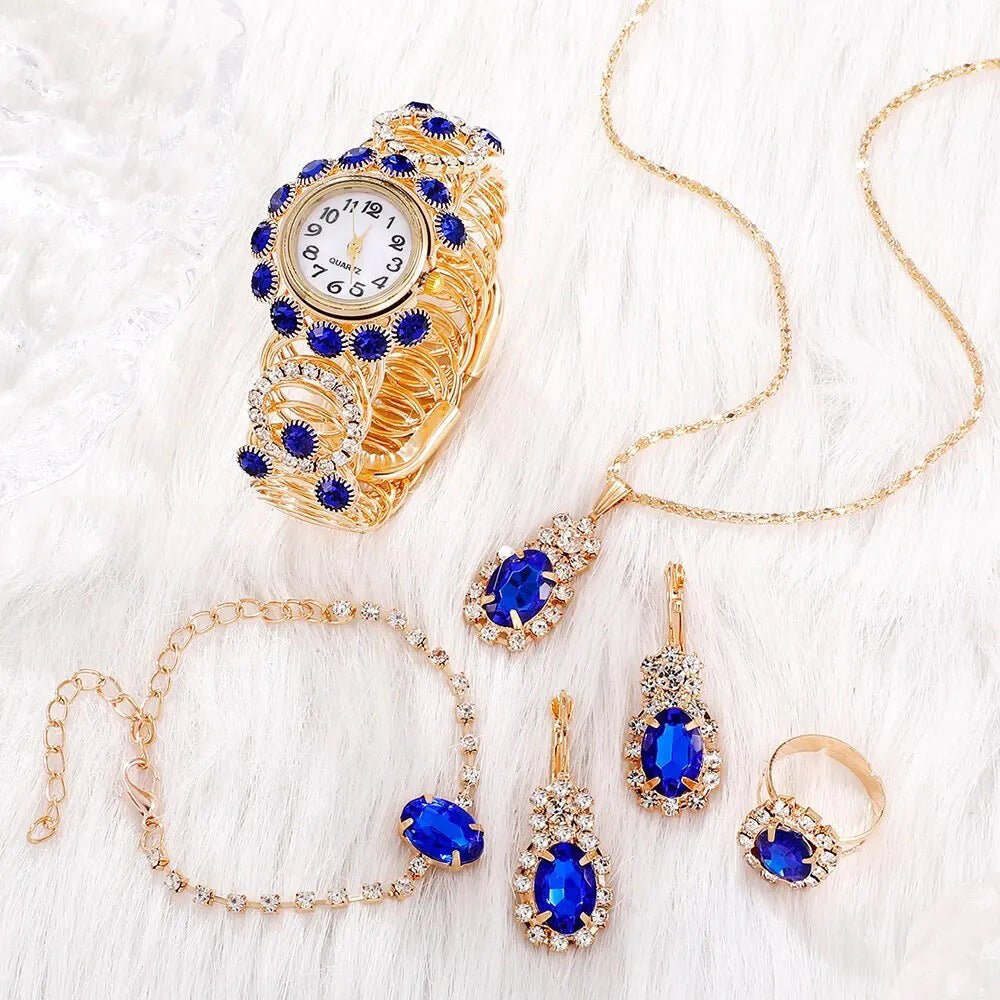 Conjunto de Liga de Ouro com Cristal Emporia® Azul e Cristal Emporia® Branco ( Colar+Brincos+Pulseira+Anel+Pendente )