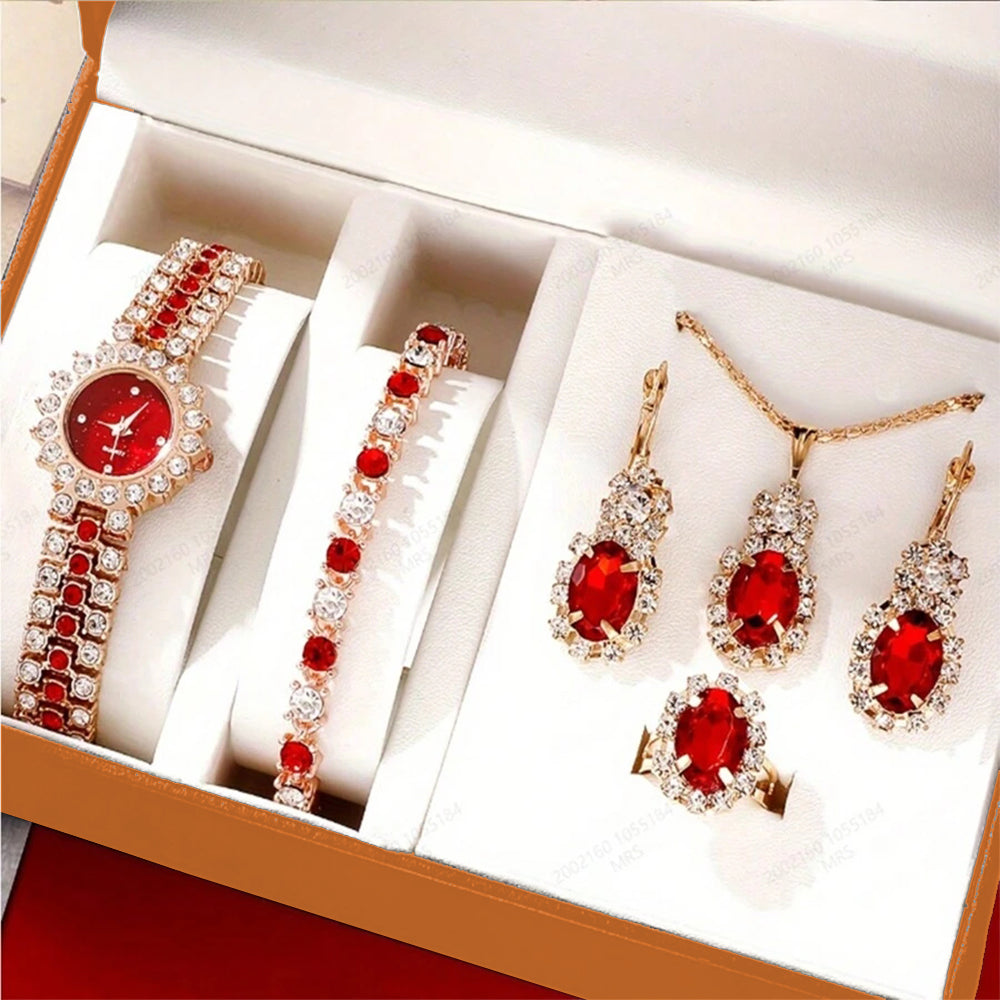 Conjunto de Liga de Ouro com Cristal Emporia® Vermelho e Cristal Emporia® Branco ( Colar+Brincos+Pulseira+Anel+Pendente ) 2 