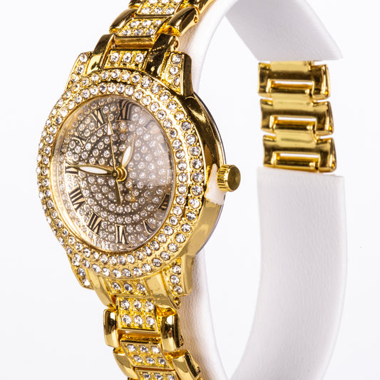 Conjunto de Jóias Emporia de 5 peças, em tom dourado e de qualidade superior, numa caixa de presente exclusiva com efeito de couro (incluindo relógio, pulseira, colar, brincos e anel, com cristal Emporia branco)